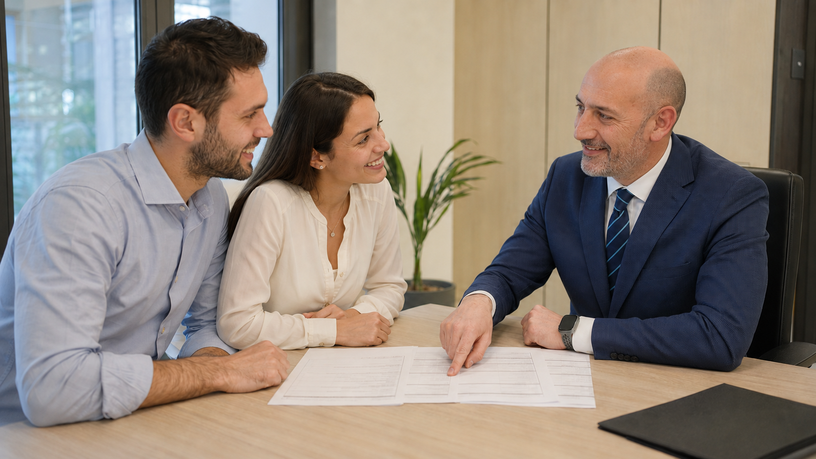 Un consultant Kìron prezintă o ofertă de credit unui cuplu tânăr, la agenția din Cremona